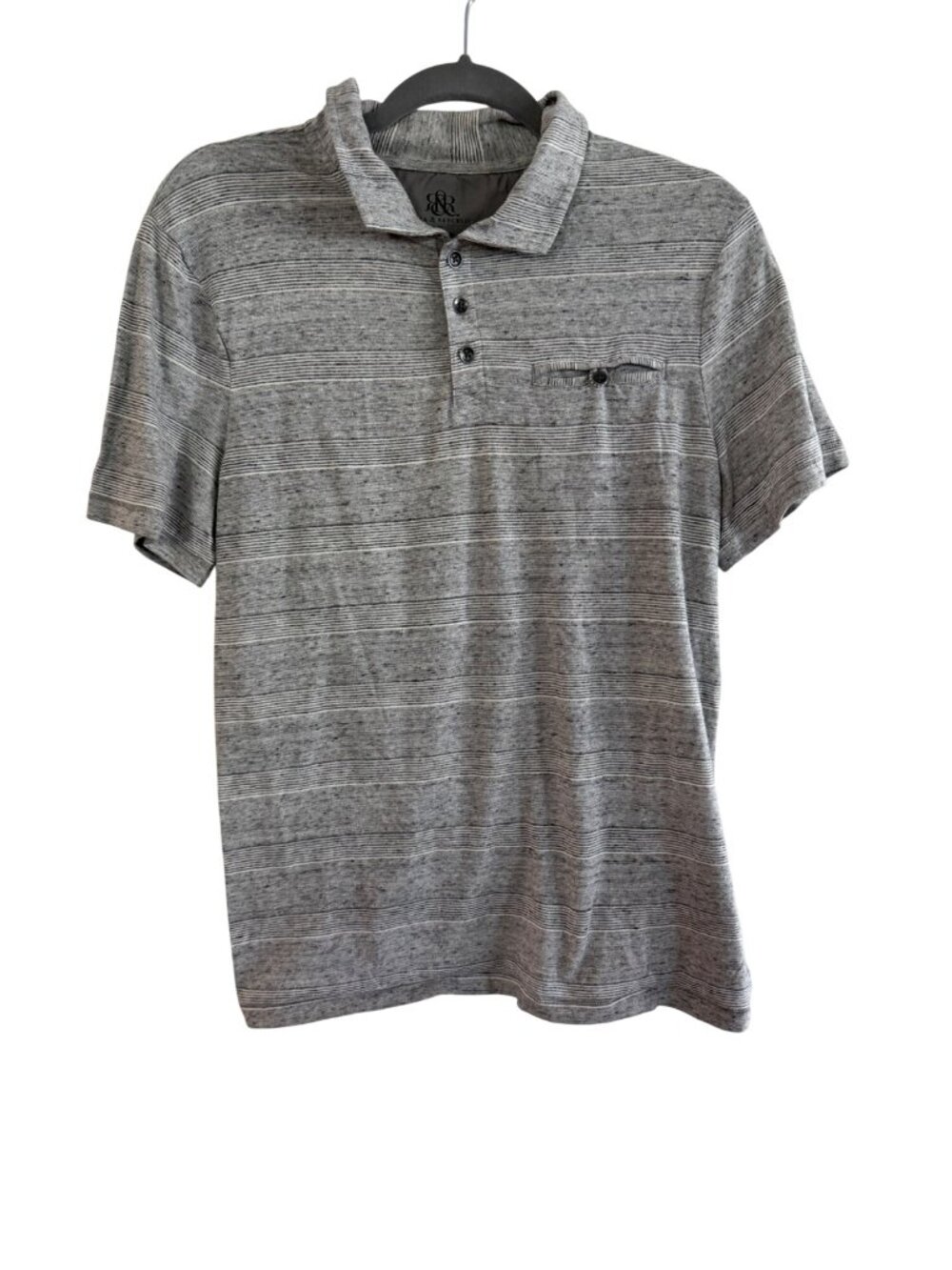Rock & Republic Mens Grey Striped Polo Shirt M Cotton Blend Short Sleeve